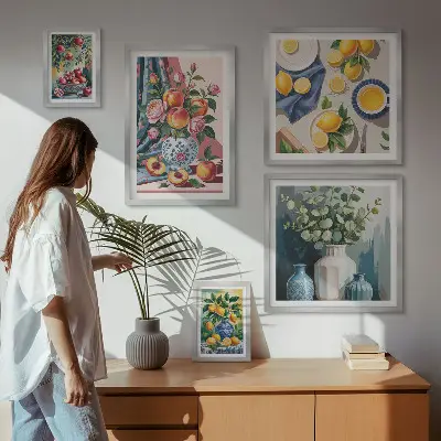 Modernes Wandbilder-Set mit Blumen- und Frucht-Kompositionen
