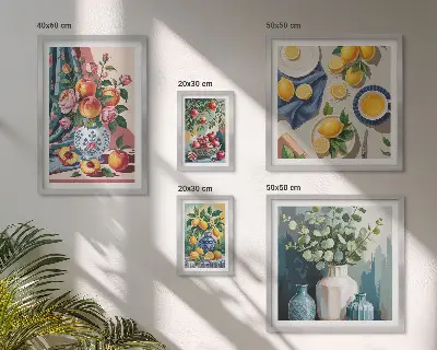 Modernes Wandbilder-Set mit Blumen- und Frucht-Kompositionen