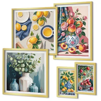 Modernes Wandbilder-Set mit Blumen- und Frucht-Kompositionen