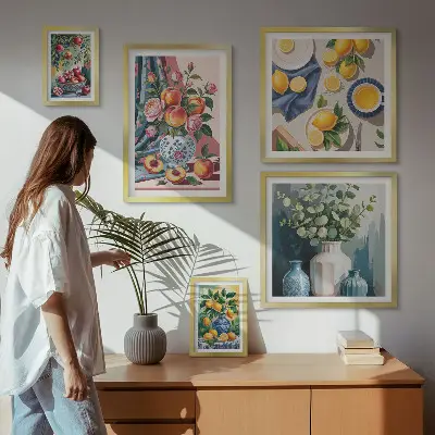 Modernes Wandbilder-Set mit Blumen- und Frucht-Kompositionen