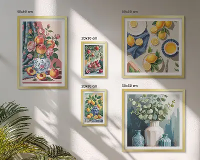 Modernes Wandbilder-Set mit Blumen- und Frucht-Kompositionen