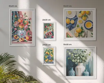 Modernes Wandbilder-Set mit Blumen- und Frucht-Kompositionen