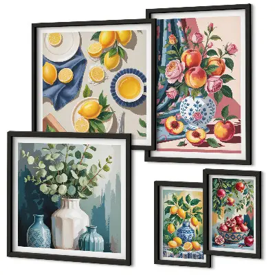 Modernes Wandbilder-Set mit Blumen- und Frucht-Kompositionen