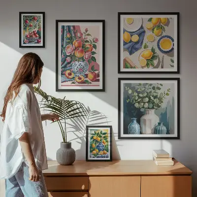 Modernes Wandbilder-Set mit Blumen- und Frucht-Kompositionen