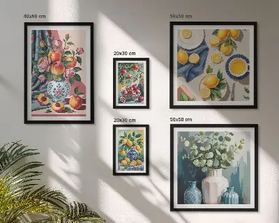 Modernes Wandbilder-Set mit Blumen- und Frucht-Kompositionen