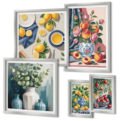 Modernes Wandbilder-Set mit Blumen- und Frucht-Kompositionen
