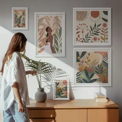 Bilderset fürs Sofa im Boho-Stil mit einer Pflanzenfigur