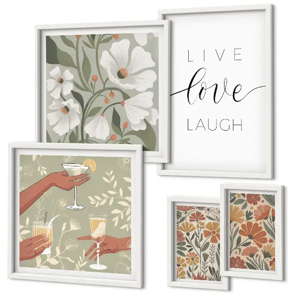 Modernes Wandbilder-Set mit stilvollen floralen Grafiken und Slogans