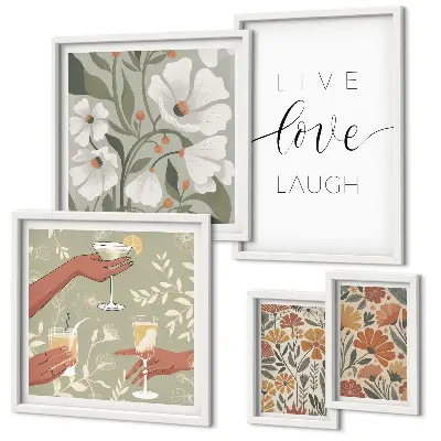 Modernes Wandbilder-Set mit stilvollen floralen Grafiken und Slogans