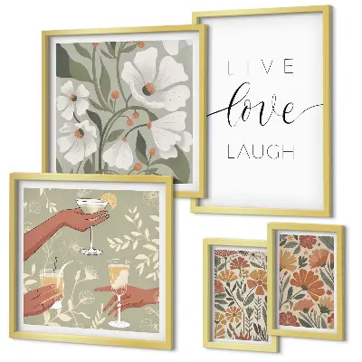 Modernes Wandbilder-Set mit stilvollen floralen Grafiken und Slogans