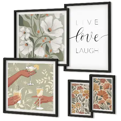 Modernes Wandbilder-Set mit stilvollen floralen Grafiken und Slogans