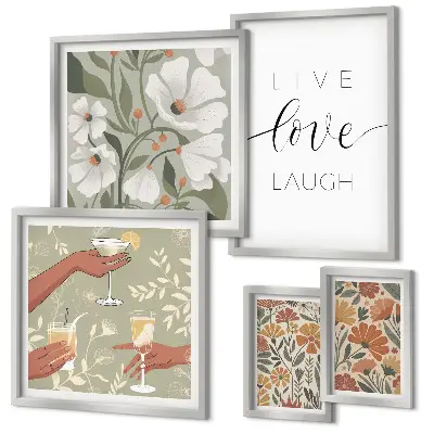 Modernes Wandbilder-Set mit stilvollen floralen Grafiken und Slogans