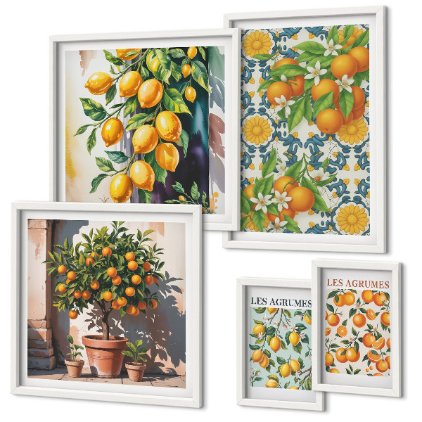 Modernes wandbilder-set Zitrusfrüchte, Blumen, Vintage