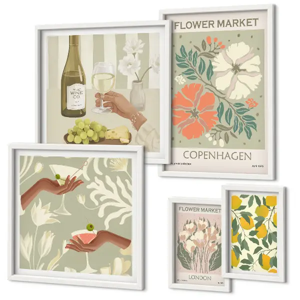 Modernes Wandbild-Set mit Blumen und Früchten im Vintage-Stil