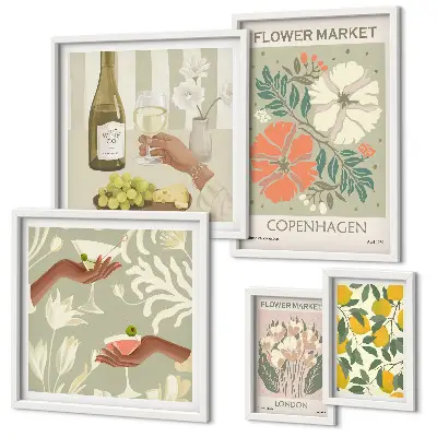 Modernes Wandbild-Set mit Blumen und Früchten im Vintage-Stil