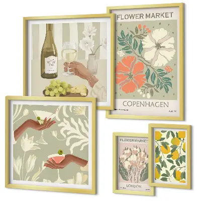 Modernes Wandbild-Set mit Blumen und Früchten im Vintage-Stil