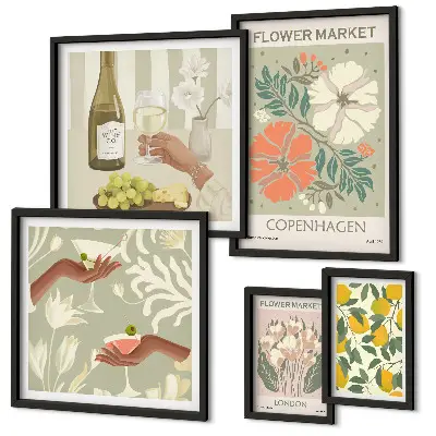 Modernes Wandbild-Set mit Blumen und Früchten im Vintage-Stil