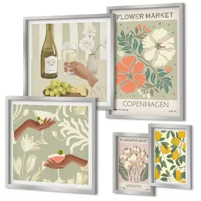 Modernes Wandbild-Set mit Blumen und Früchten im Vintage-Stil