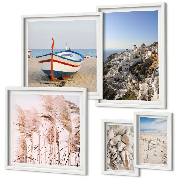 Bildergalerie-Set für die Wand mit Motiven von Landschaften, Stränden und weißen Gebäuden