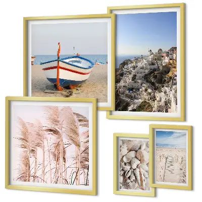 Bildergalerie-Set für die Wand mit Motiven von Landschaften, Stränden und weißen Gebäuden
