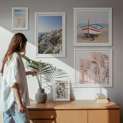 Bildergalerie-Set für die Wand mit Motiven von Landschaften, Stränden und weißen Gebäuden