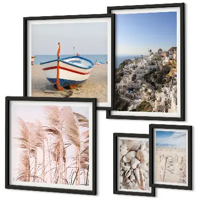 Bildergalerie-Set für die Wand mit Motiven von Landschaften, Stränden und weißen Gebäuden