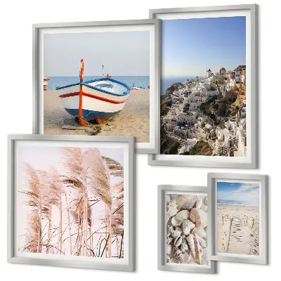 Bildergalerie-Set für die Wand mit Motiven von Landschaften, Stränden und weißen Gebäuden