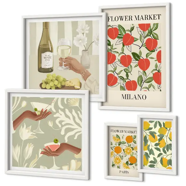 Bildergalerien-Set für die Wand Vintage-Optik mit Obst- und Blumenmarkt-Motiven