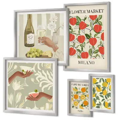 Bildergalerien-Set für die Wand Vintage-Optik mit Obst- und Blumenmarkt-Motiven