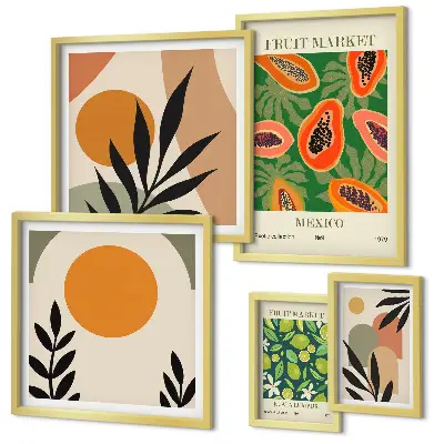 Modernes Wandbilder-Set mit Retro-Motiven und tropischen Früchten