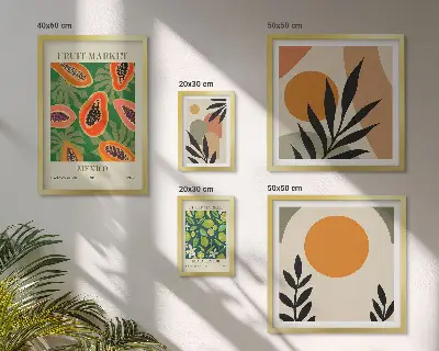 Modernes Wandbilder-Set mit Retro-Motiven und tropischen Früchten