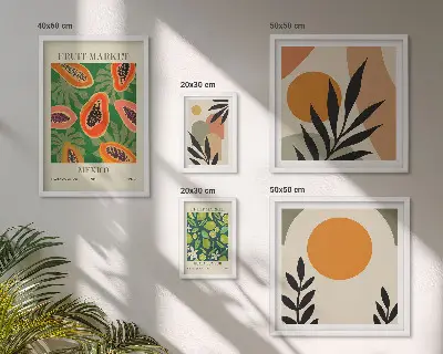 Modernes Wandbilder-Set mit Retro-Motiven und tropischen Früchten