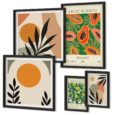 Modernes Wandbilder-Set mit Retro-Motiven und tropischen Früchten
