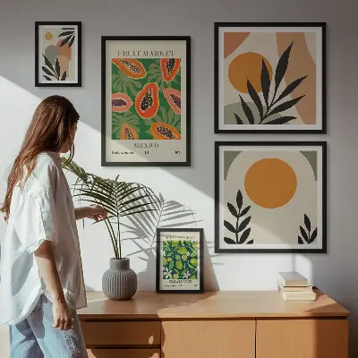 Modernes Wandbilder-Set mit Retro-Motiven und tropischen Früchten