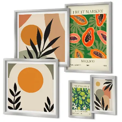 Modernes Wandbilder-Set mit Retro-Motiven und tropischen Früchten
