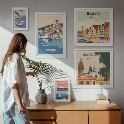 Modernes Wandbilderset mit Landschaften von Küstenstädten