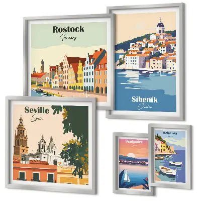 Modernes Wandbilderset mit Landschaften von Küstenstädten