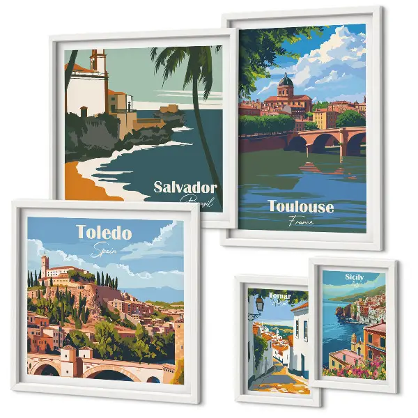 Bildergalerie-Set für die Wand mit Motiven von europäischen Städten, Ausblicken und Landschaften