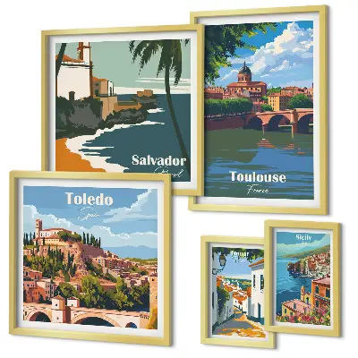 Bildergalerie-Set für die Wand mit Motiven von europäischen Städten, Ausblicken und Landschaften