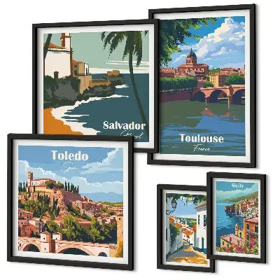 Bildergalerie-Set für die Wand mit Motiven von europäischen Städten, Ausblicken und Landschaften
