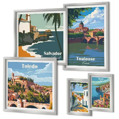 Bildergalerie-Set für die Wand mit Motiven von europäischen Städten, Ausblicken und Landschaften