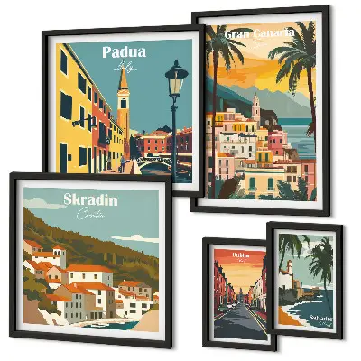 Wandbilder-Set mit europäischen Stadtlandschaften moderne Darstellung