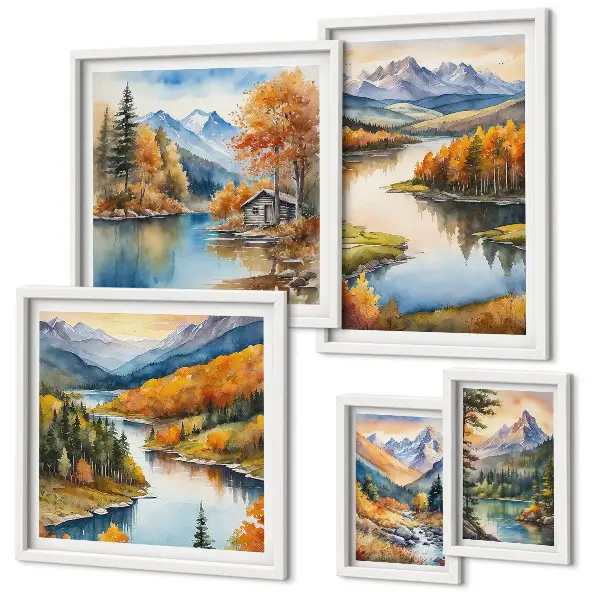 Modernes Wandbilder-Set mit Gebirgsflüssen und Herbstbäumen