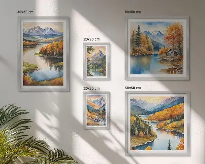 Modernes Wandbilder-Set mit Gebirgsflüssen und Herbstbäumen