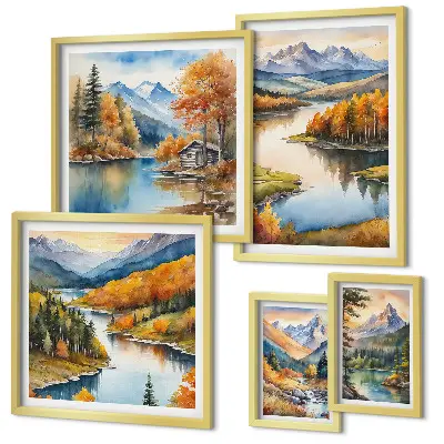 Modernes Wandbilder-Set mit Gebirgsflüssen und Herbstbäumen