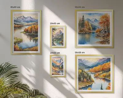 Modernes Wandbilder-Set mit Gebirgsflüssen und Herbstbäumen