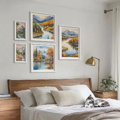 Modernes Wandbilder-Set mit Gebirgsflüssen und Herbstbäumen