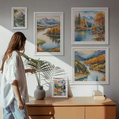 Modernes Wandbilder-Set mit Gebirgsflüssen und Herbstbäumen