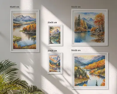 Modernes Wandbilder-Set mit Gebirgsflüssen und Herbstbäumen