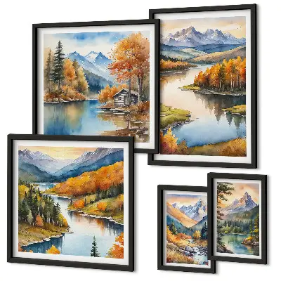Modernes Wandbilder-Set mit Gebirgsflüssen und Herbstbäumen